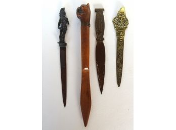 Grouping Of 4 Vintage Letter Openers. 1) Hand Carved Wooden Opener With Boxer Dog Handle Having Glass Eyes, La