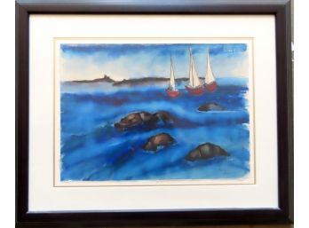 A W/C Seascape Depicting Sailboats In Ocean Off Rocky Cost, Signed Brennan Or Brennun 7/1163. Good Condition.