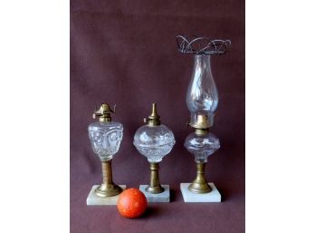 Three Early Oil Lamps With Marble Bases, Mid 19th Century, In Very Good Condition. Note That 1 Lamp With An Un