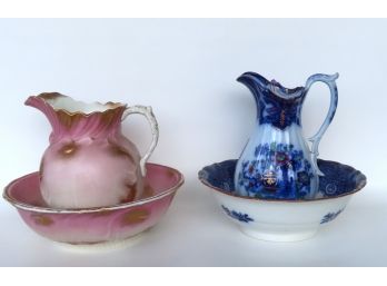 Two Bowl And Pitcher Sets. The First In Flow Blue Circa 1850 - Chip To Edge Of Basin That Also Has Several Hai