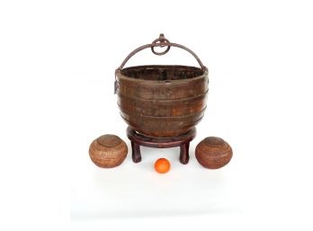 A Large Japanese Wooden Cauldron With Hand Forged Iron Handle - Mounted On Separate Wood Stand - Measures 19 1