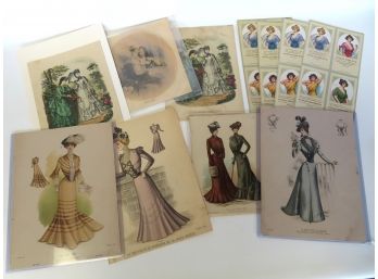 A Grouping Of Lady's Fashion Prints, Most 19th Century, Including: Four Advertising Cards For Athlo-Ointment -