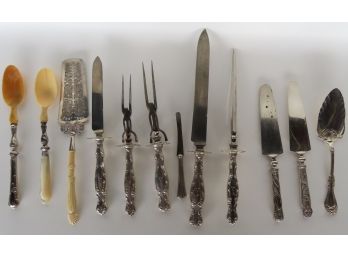 Grouping Of 9 Silver Cake Knives And Carving Sets And 2 Salad Spoons Including: 6 Piece Matching Carving Set W