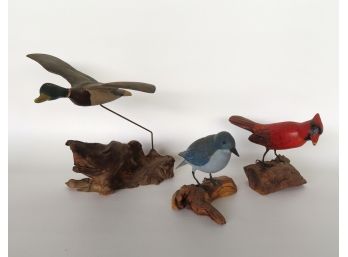 Grouping Of 3 Bird Carvings In Original Paint Including: 1) A Flying Mallard Duck Attached By Wire Lead To A P