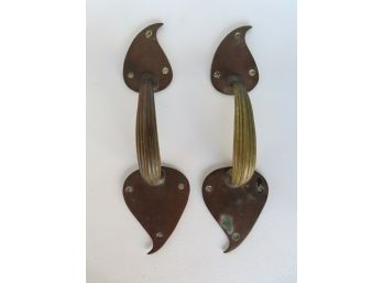 An Excellent Pair Of Hand Made Brass Door Handles With Heart Shaped Terminals.