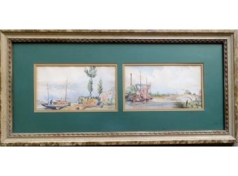 Two Framed Watercolors Depicting Sailing Vessels At Sea Shore, Both Professionally Matted Within Single Frame