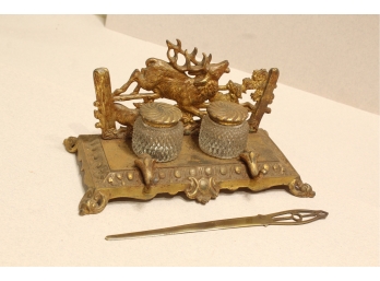 Authentic Bradley & Hubbard Brass Stag Deer Inkwell With Original Letter Opener Complete Set: 5' Tall 9' Wide