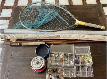 Vintage Fly Fishing Lot Including A Ryobi Reel, Flies, Large Net And Rod In Case