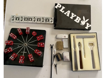 Vegas & Playboy Lot Including Matches, A Dice Clock, Lighters And A Fantastic Play Boy Bar Set In Original Box