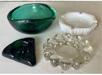 Murano Style Green Geode Glass Bowl, Milk Glass Ashtray, Clear Ball Ashtray And Green Triangle Ashtray
