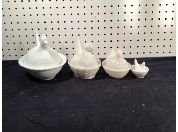 Lot Of 3 Cast Glass Chickens On Nests