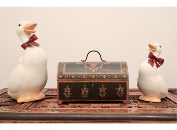 Two Porcelain Ducks And Hand Painted Wooden Jewelry Box