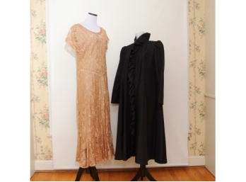 Vintage Lace And Pearl Evening Dress With A  Taffeta Swing Coat