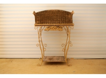 Scrolled Wrought Iron And Wicker Plant Stand