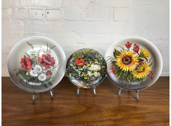 Trio Of Hand Painted Floral Plates, Signed