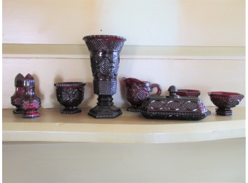 Table Top Garniture Of Pressed Cranberry Glass