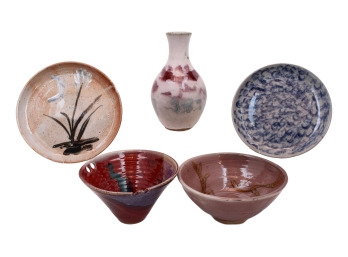 Japanese Studio Pottery Three Makers: Two Signed Plates And Vase, Signed Bowl, Bowl With Chopstick Rests