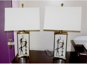Pair Metal & Glass Rectangular Table Lamps