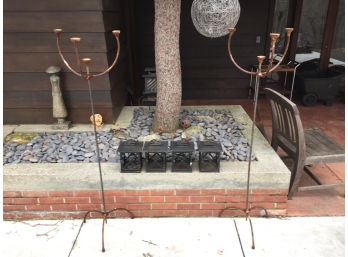 Four Cast Iron Lanterns And Two Tall Four Candle Candelabras