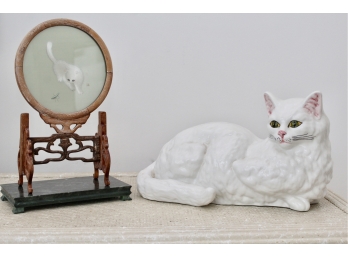 Persian Cat Silk Screen Art And Porcelain Cat Figurine