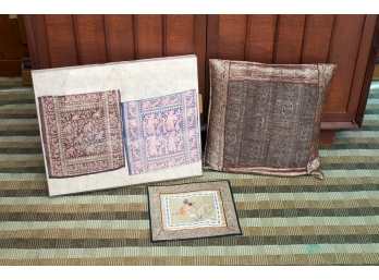 Vintage Silk Pillow & Two Smaller Embroidered Mats