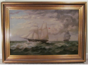 Large Ernest Ponthier  Signed  Oil On Canvas Tall Ships On The  Ocean Scene