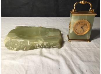 Imhof Swiss Movement Carved Green Marble Clock  And Carved  Marble Dish