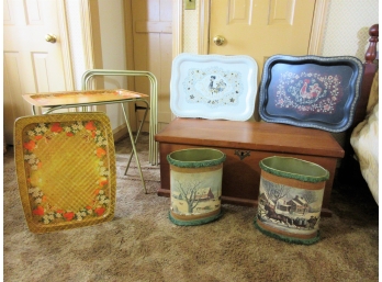 Two Vintage Decorated Trays, Two Vintage  Decoupage Waste Baskets, Set Modern Tray Tables