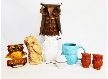Owl Lovers Lot! Handcrafted Metal Owl Figure, Ceramic Mug, Trinket Box, Candle & More