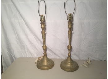 Antique Pair Of Ornate Brass Electrified Tall Candlesticks
