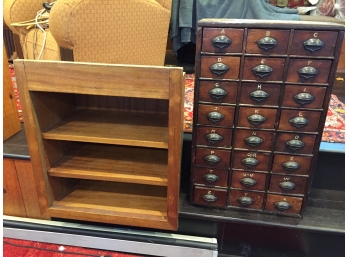 Antique Wooden Twenty Four Drawer Curio Storage Cabinet And A Mahogany Three Shelf Unit