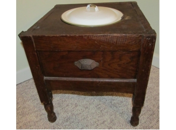 Antique Tiger Oak Portable Commode With Enamel Insert