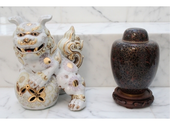 Porcelain Japanese Foo Dog And Cloisonne Ginger Jar