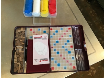 Poker Chip Set And Scrabble Portable Game