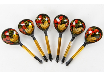 Set Of Six Lacquer & Gilt Painted Wooden Spoons