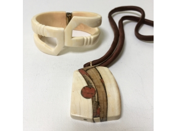 Rare Mastadon Necklace & Carved Bone Bracelet