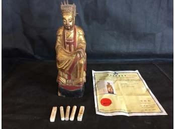 Antique Chinese Wooden Temple Figure With Certificate Of Antiquity And Five Wax Imprinting Chops
