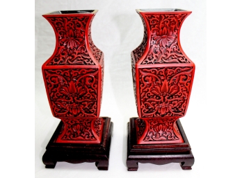 Two Cinnabar Vases On Teak Stands
