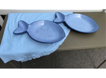 Two Chips & Dip Fish Shaped Platters With Round Blue Tablecloth