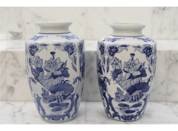 Pair Of Two Large Blue And White Chinese Vases