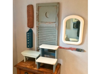 Vintage Large Washboard Along With Small Stools, Mirror & Wall Decorations