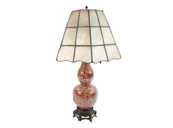 Vintage/Antique Chinese Double Gourd Vase Lamp With Red Scrolling Lotus Design And Crackle Glaze With A Closed-top Capiz Lamp Shade