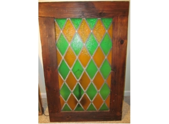 Large Antique Green And Yellow Lead Stained Glass Window Diamond Pattern