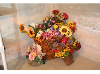 Wonderful Large Basket Of Fall Faux Flowers And Two Nice Wall Hangings