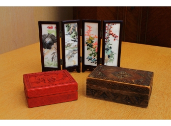 Cinnabar Lidded Box, Miniature Four Panel Oriental Screen And A Carved Box