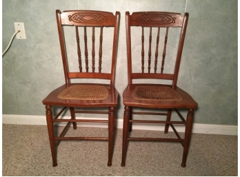 Pair Of Antique Bannister Spindle Back Cane Seat Accent Chairs