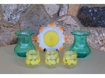 Fun Lemonade Glasses, Sunflower Plate And Two Green Vases - 9 Pieces