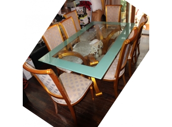Interesting Contemporary Glass Top Dining Table & Gilt Upholstered Chairs