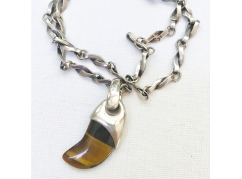 Large Sterling Silver Necklace  W/ Tiger Eye Horn
