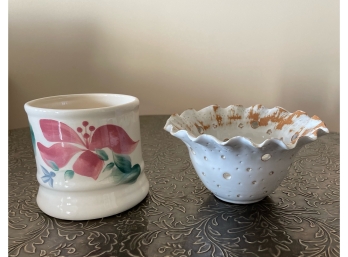 PAIR OF ARTISAN-MADE FIRE GLAZED CERAMICS STRAINER AND CANDY DISH